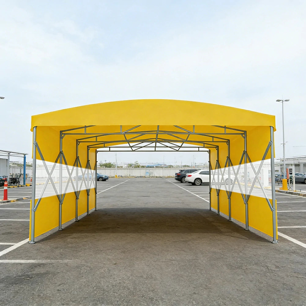 TREKKA Retractable Outdoor Canopy Rain and Sun Shelter Galvanised Steel Frame PVC Fabric Semi-Transparent Side Panels - Yellow