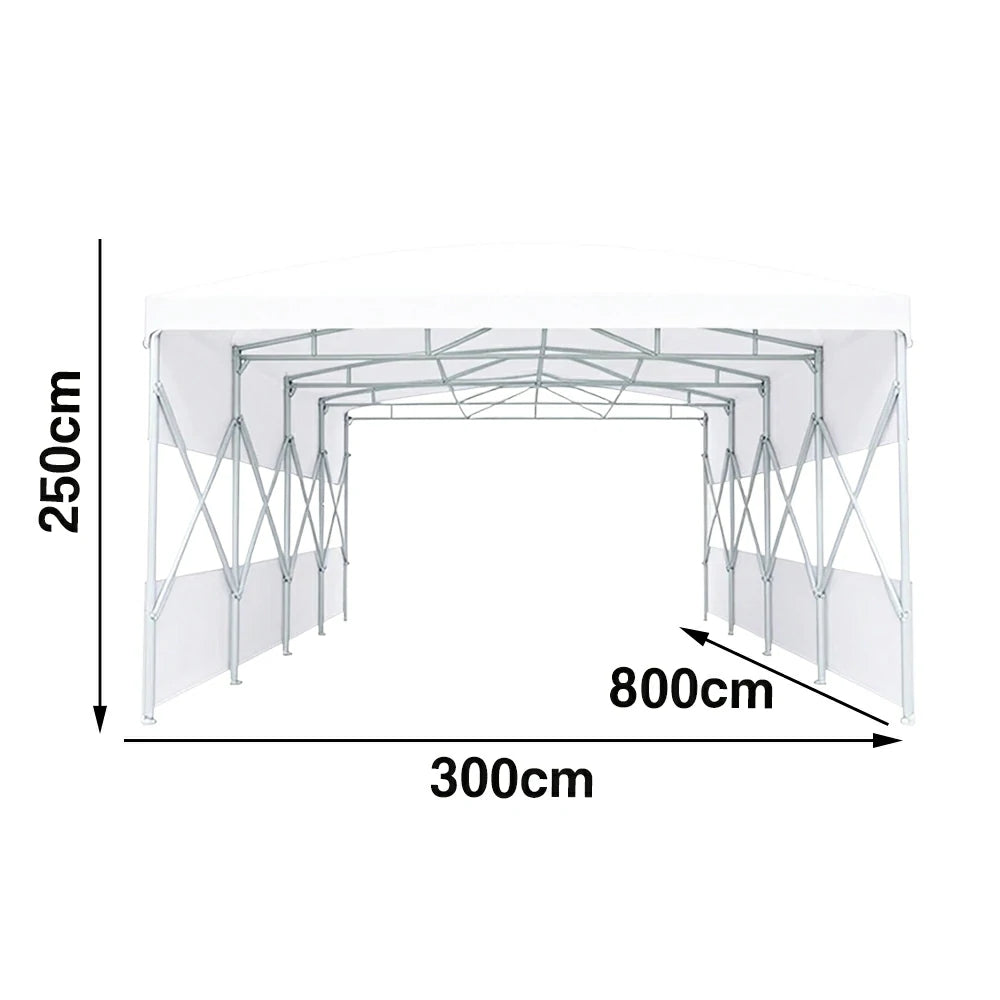 TREKKA Retractable Outdoor Canopy Rain and Sun Shelter Galvanised Steel Frame PVC Fabric Semi-Transparent Side Panels - White