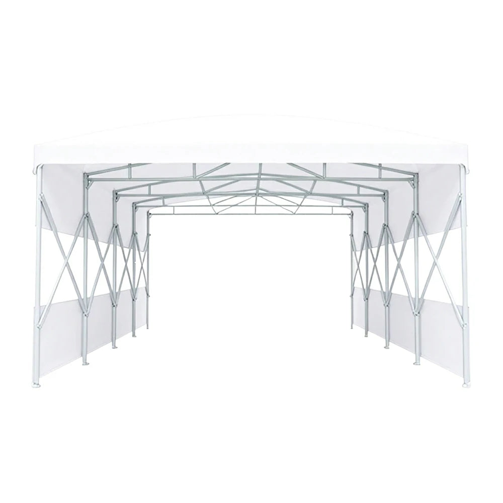 TREKKA Retractable Outdoor Canopy Rain and Sun Shelter Galvanised Steel Frame PVC Fabric Semi-Transparent Side Panels - White