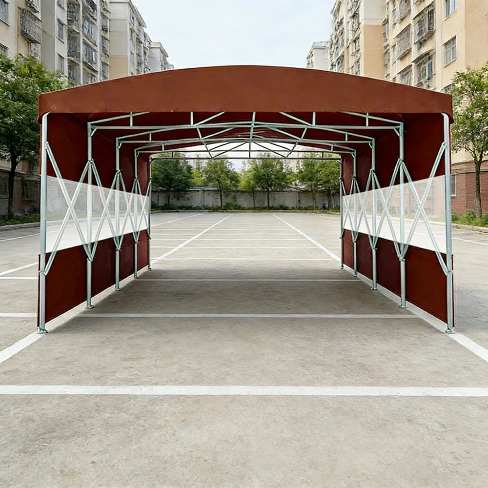 TREKKA Retractable Outdoor Canopy Rain and Sun Shelter Galvanised Steel Frame PVC Fabric Semi-Transparent Side Panels - Coffee