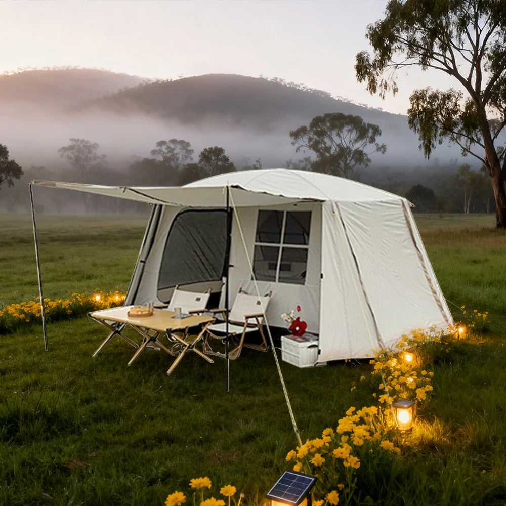 TREKKA Villa-Style Family Camping Tent with Grid Windows - Spacious Layout, Sun Protection, Ideal for Group Camping - Cream White