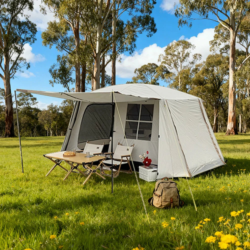 TREKKA Villa-Style Family Camping Tent with Grid Windows - Spacious Layout, Sun Protection, Ideal for Group Camping - Cream White