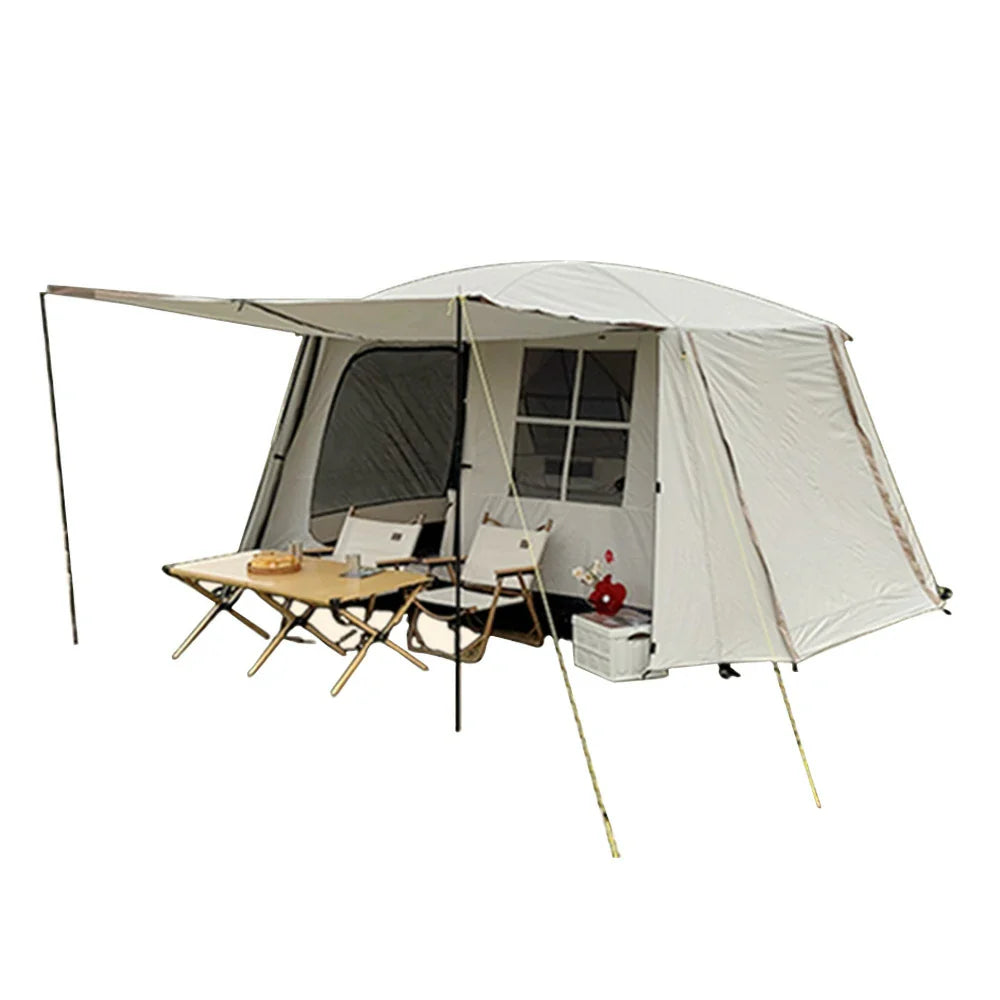 TREKKA Villa-Style Family Camping Tent with Grid Windows - Spacious Layout, Sun Protection, Ideal for Group Camping - Cream White