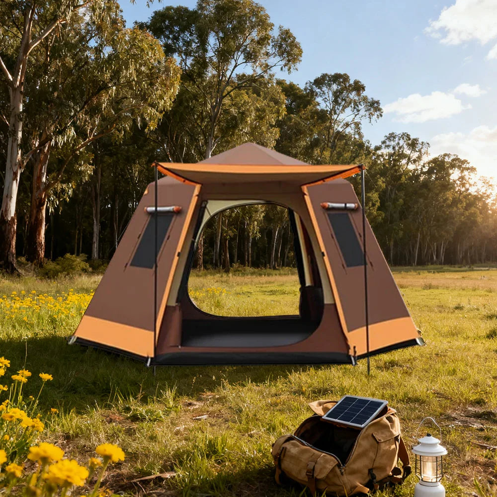 TREKKA Auto-Open Camping Tent with Full Aluminum Frame - Strong Structure, Dual Doors, Four Windows, 4-6 Person Capacity - Coffee