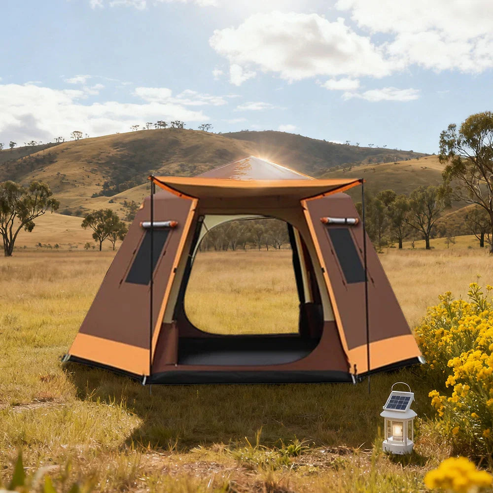 TREKKA Auto-Open Camping Tent with Full Aluminum Frame - Strong Structure, Dual Doors, Four Windows, 4-6 Person Capacity - Coffee