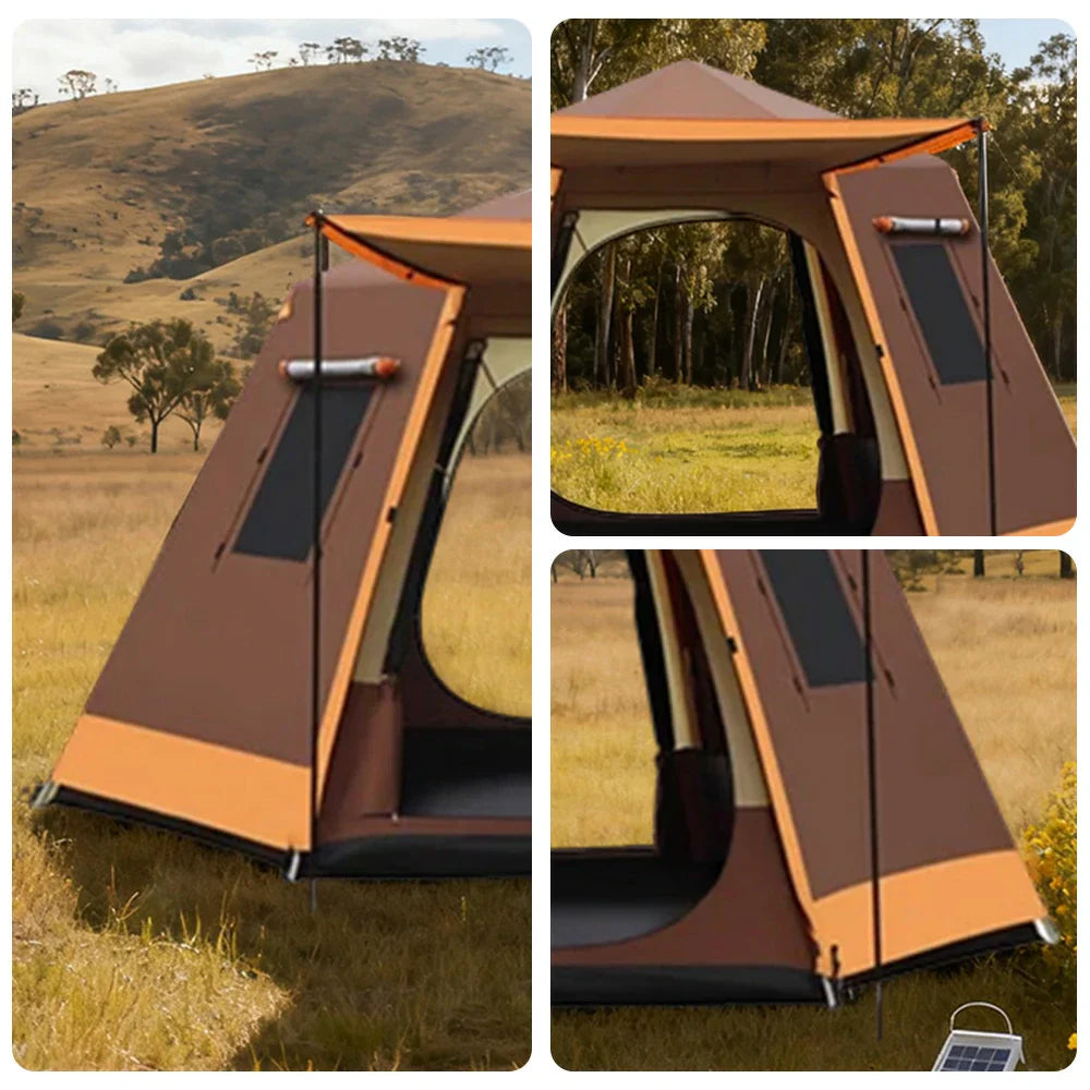 TREKKA Auto-Open Camping Tent with Full Aluminum Frame - Strong Structure, Dual Doors, Four Windows, 4-6 Person Capacity - Coffee