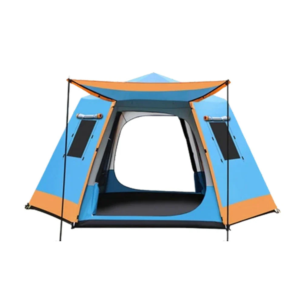 TREKKA Auto-Open Camping Tent with Full Aluminum Frame - Strong Structure, Dual Doors, Four Windows, 4-6 Person Capacity - Blue