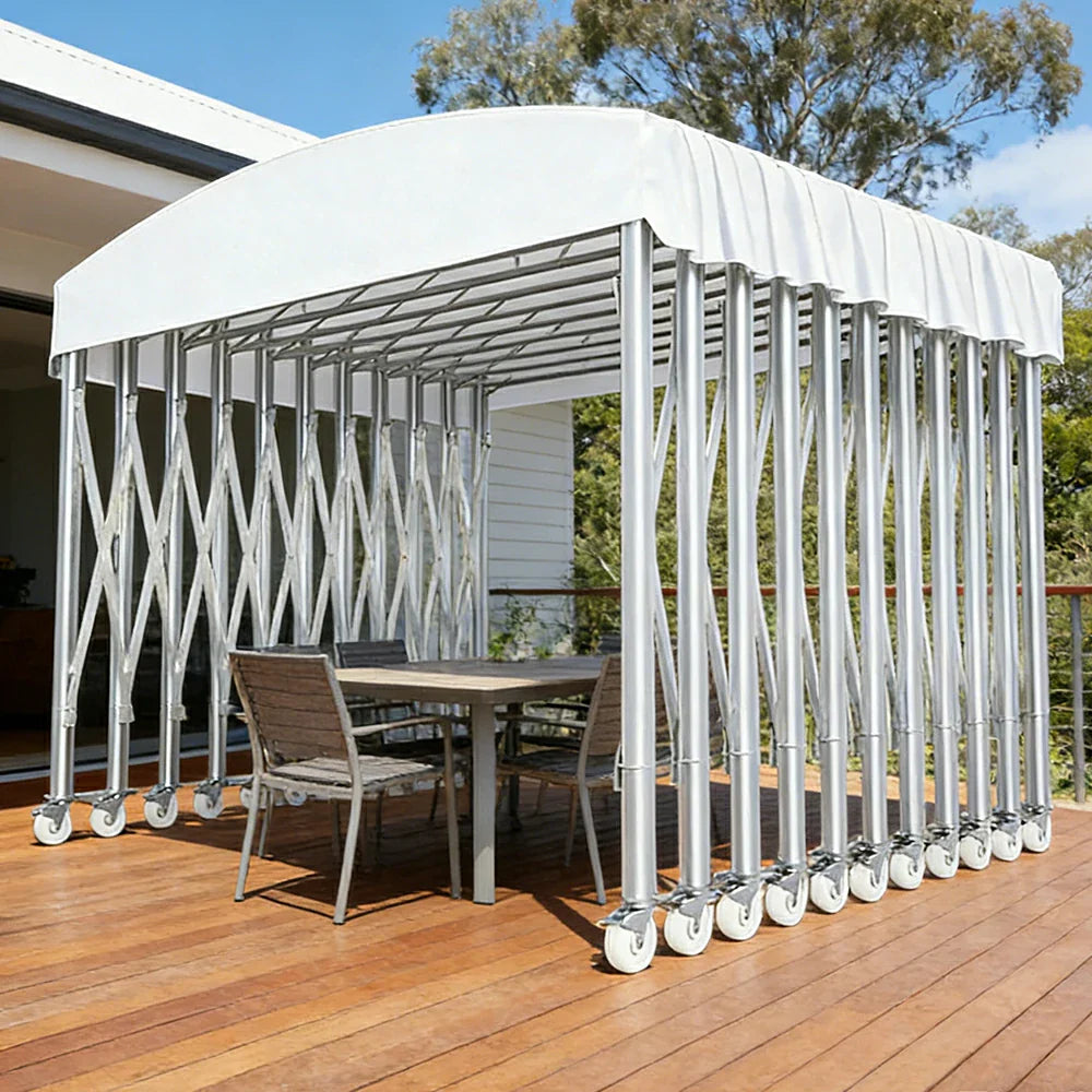TREKKA Outdoor Retractable Canopy Tent - 5/7/8m Heavy-Duty Telescopic Frame Lockable Wheels Waterproof & UV-Resistant Fabric Space-Saving Design - White