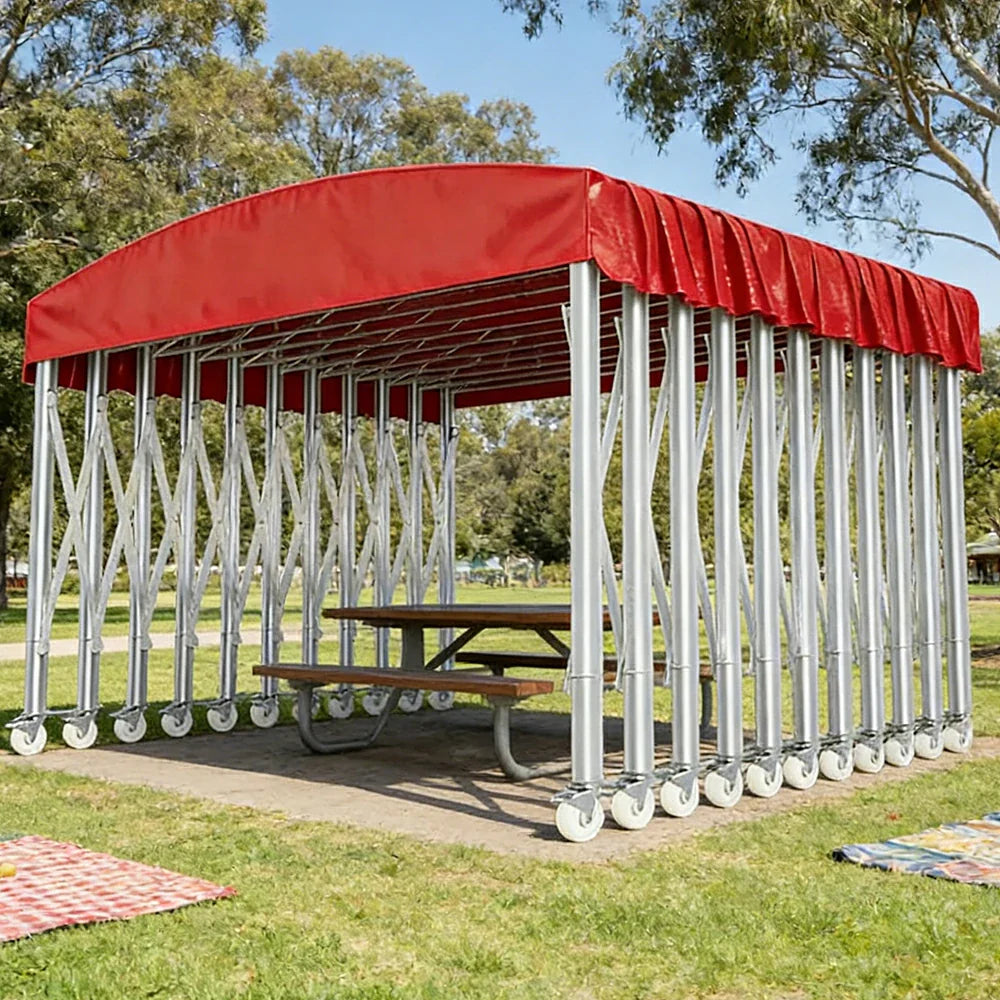 TREKKA Outdoor Retractable Canopy Tent - 5/7/8m Heavy-Duty Telescopic Frame Lockable Wheels Waterproof & UV-Resistant Fabric Space-Saving Design - Red