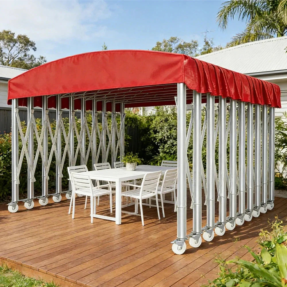 TREKKA Outdoor Retractable Canopy Tent - 5/7/8m Heavy-Duty Telescopic Frame Lockable Wheels Waterproof & UV-Resistant Fabric Space-Saving Design - Red