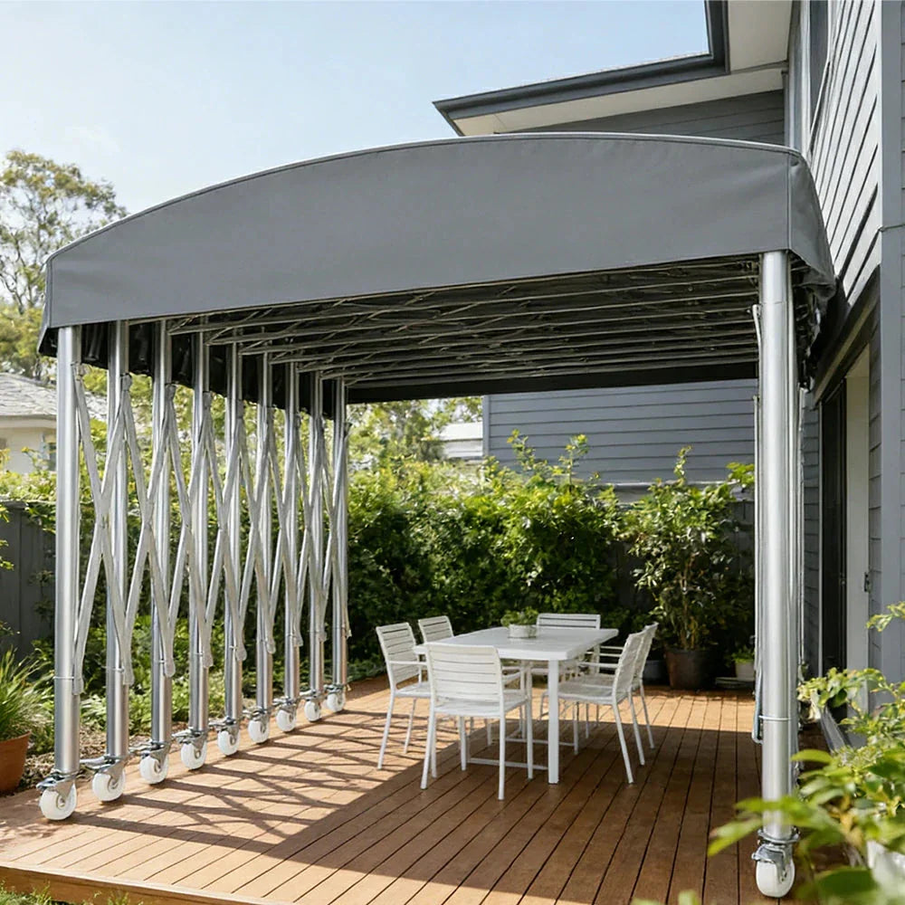 TREKKA Outdoor Retractable Canopy Tent - 5/7/8m Heavy-Duty Telescopic Frame Lockable Wheels Waterproof & UV-Resistant Fabric Space-Saving Design - Grey