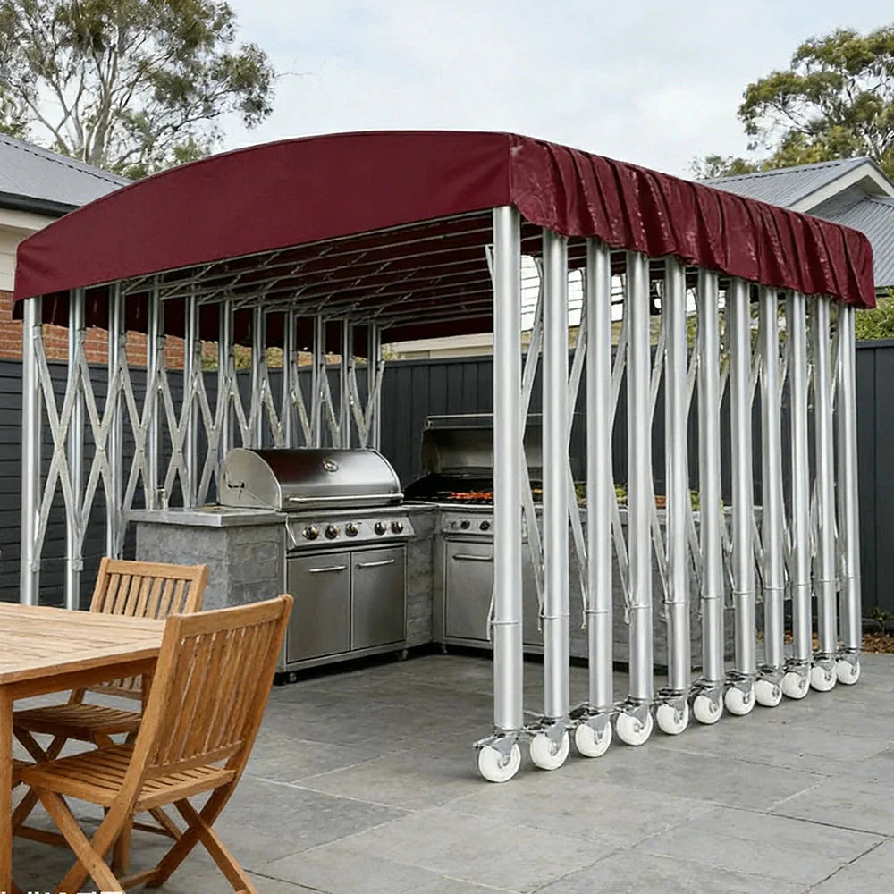 TREKKA Outdoor Retractable Canopy Tent - 5/7/8m Heavy-Duty Telescopic Frame Lockable Wheels Waterproof & UV-Resistant Fabric Space-Saving Design - Wine Red