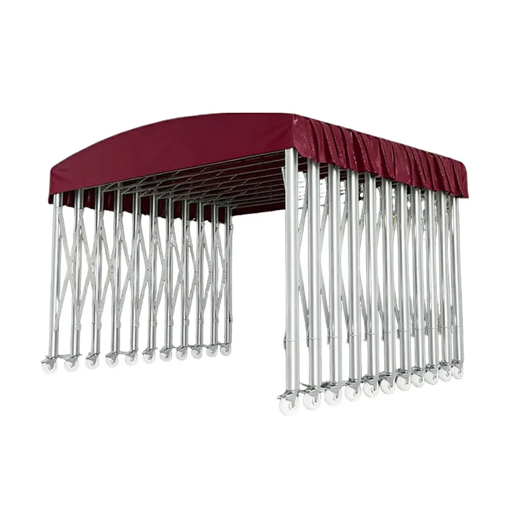 TREKKA Outdoor Retractable Canopy Tent - 5/7/8m Heavy-Duty Telescopic Frame Lockable Wheels Waterproof & UV-Resistant Fabric Space-Saving Design - Wine Red