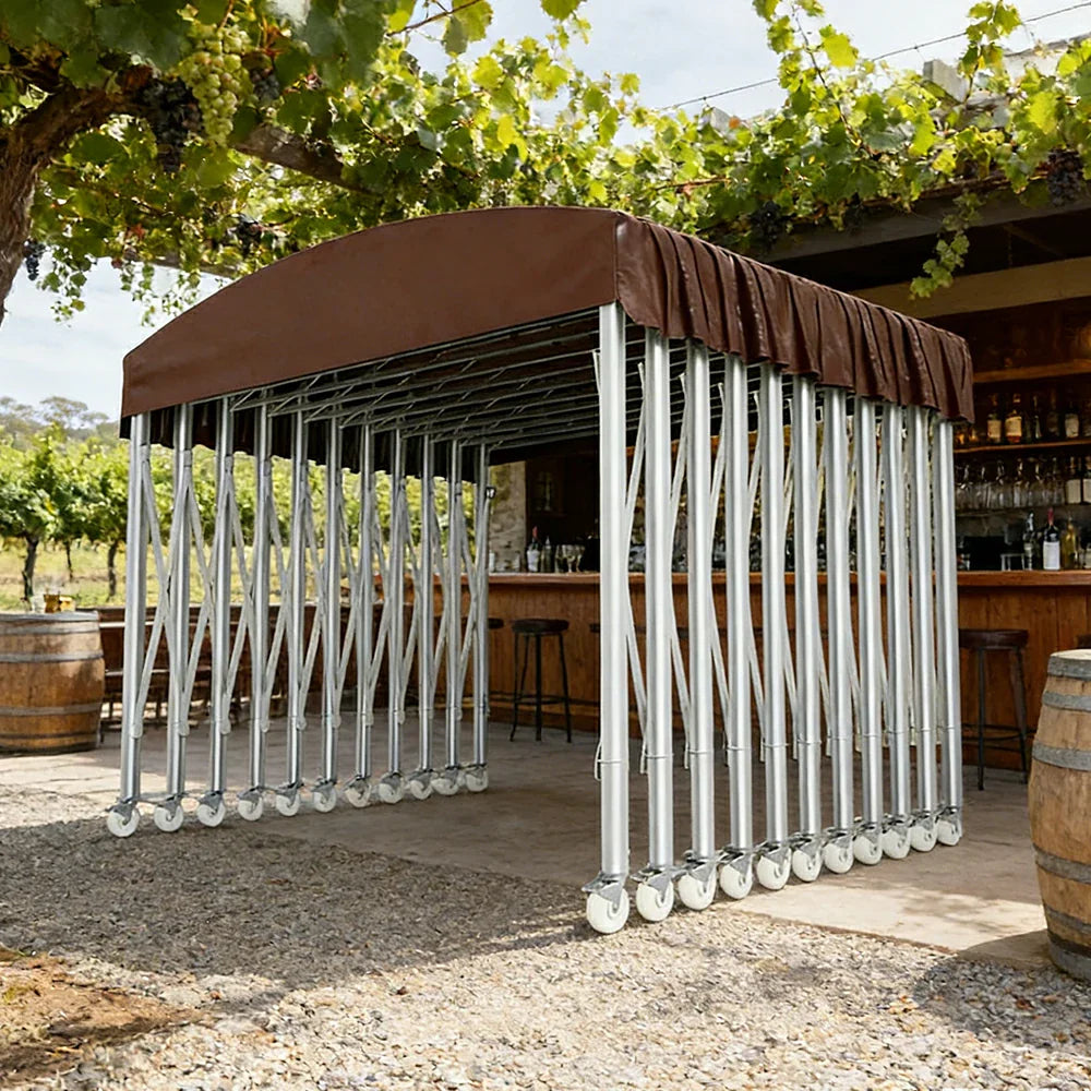 TREKKA Outdoor Retractable Canopy Tent - 5/7/8m Heavy-Duty Telescopic Frame Lockable Wheels Waterproof & UV-Resistant Fabric Space-Saving Design - Coffee