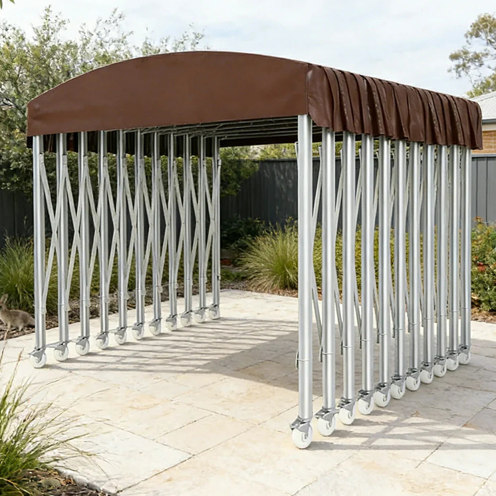 TREKKA Outdoor Retractable Canopy Tent - 5/7/8m Heavy-Duty Telescopic Frame Lockable Wheels Waterproof & UV-Resistant Fabric Space-Saving Design - Coffee