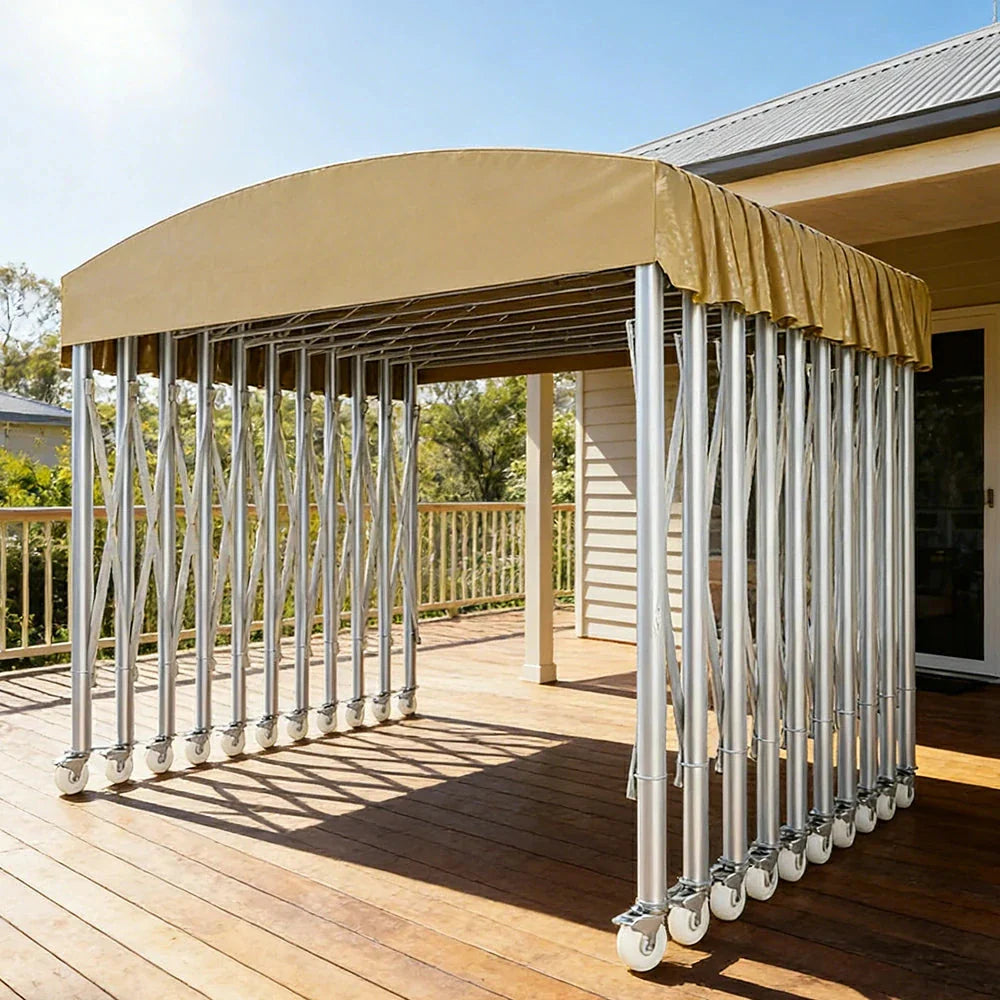 TREKKA Outdoor Retractable Canopy Tent - 5/7/8m Heavy-Duty Telescopic Frame Lockable Wheels Waterproof & UV-Resistant Fabric Space-Saving Design - Khaki