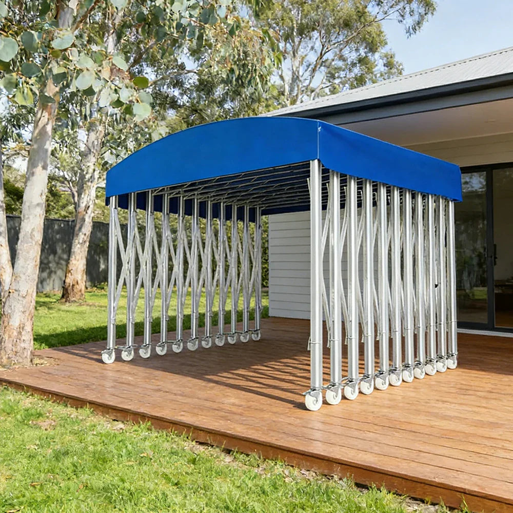 TREKKA Outdoor Retractable Canopy Tent - 5/7/8m Heavy-Duty Telescopic Frame Lockable Wheels Waterproof & UV-Resistant Fabric Space-Saving Design - Blue