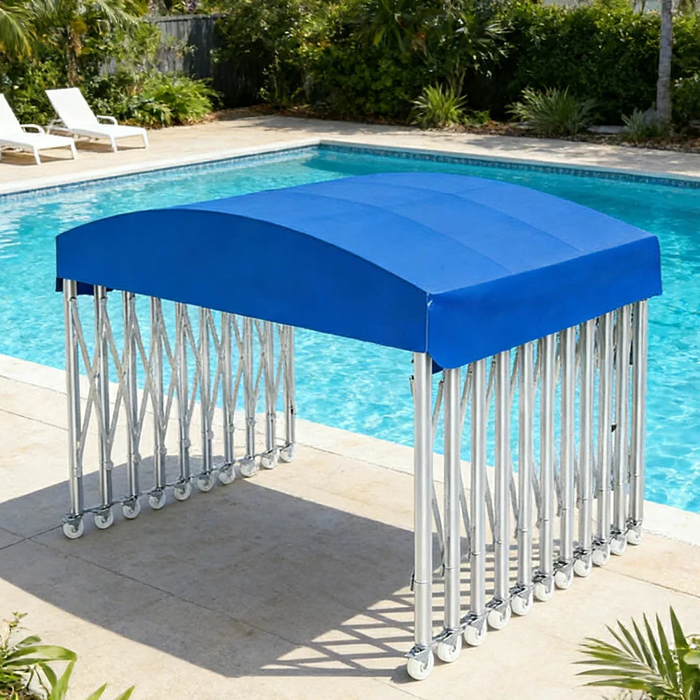 TREKKA Outdoor Retractable Canopy Tent - 5/7/8m Heavy-Duty Telescopic Frame Lockable Wheels Waterproof & UV-Resistant Fabric Space-Saving Design - Blue