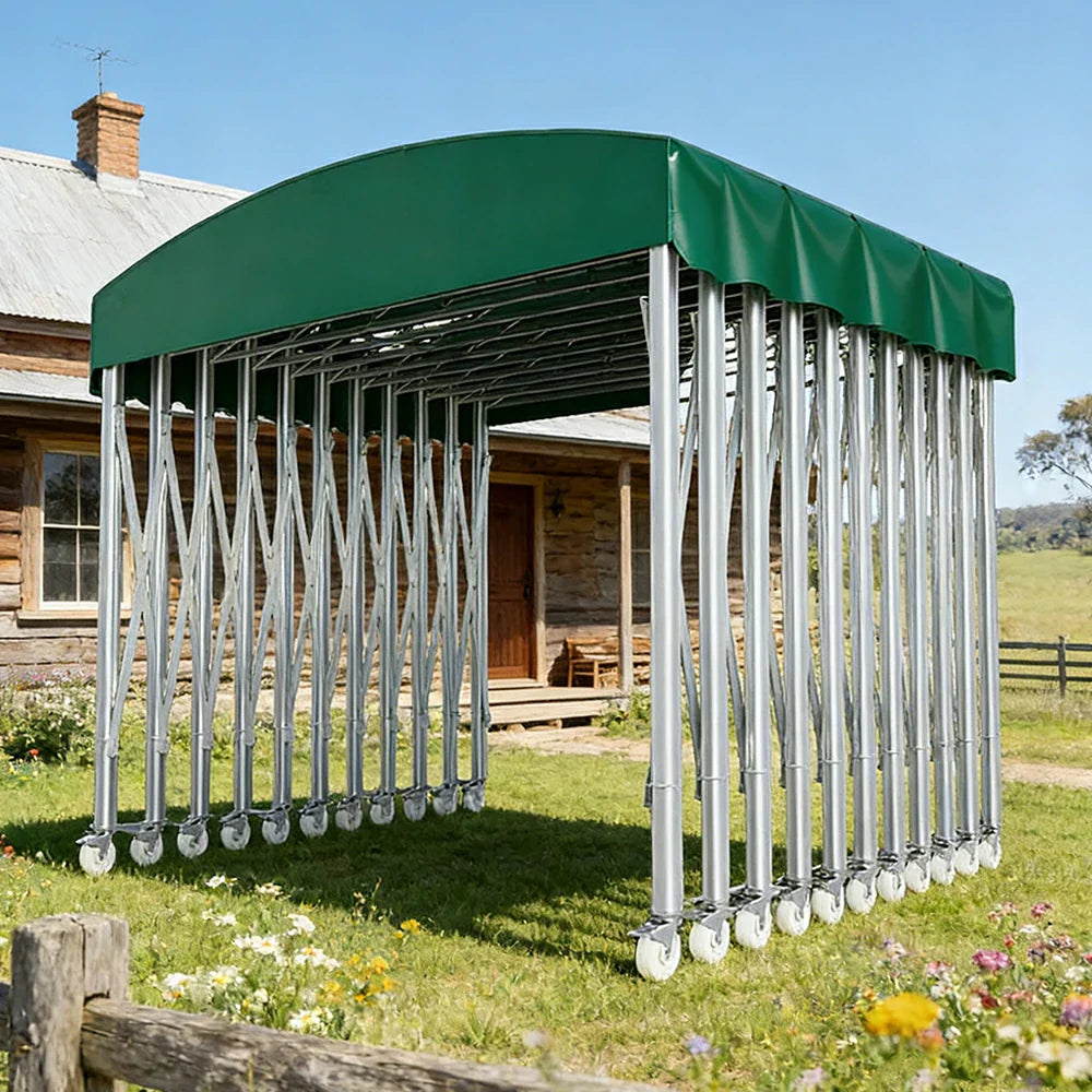 TREKKA Outdoor Retractable Canopy Tent - 5/7/8m Heavy-Duty Telescopic Frame Lockable Wheels Waterproof & UV-Resistant Fabric Space-Saving Design - Green