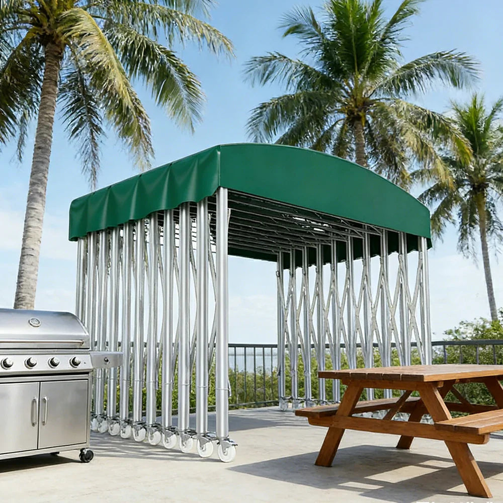 TREKKA Outdoor Retractable Canopy Tent - 5/7/8m Heavy-Duty Telescopic Frame Lockable Wheels Waterproof & UV-Resistant Fabric Space-Saving Design - Green