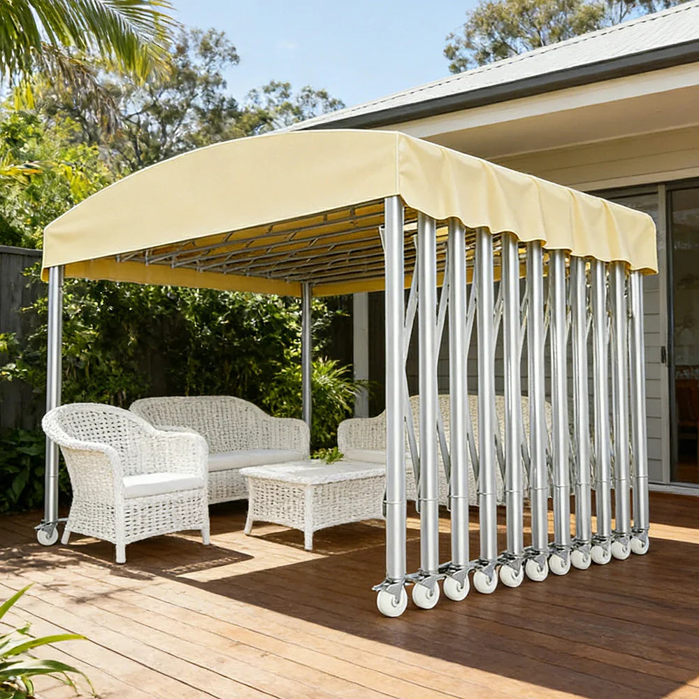 TREKKA Outdoor Retractable Canopy Tent - 5/7/8m Heavy-Duty Telescopic Frame Lockable Wheels Waterproof & UV-Resistant Fabric Space-Saving Design - Beige