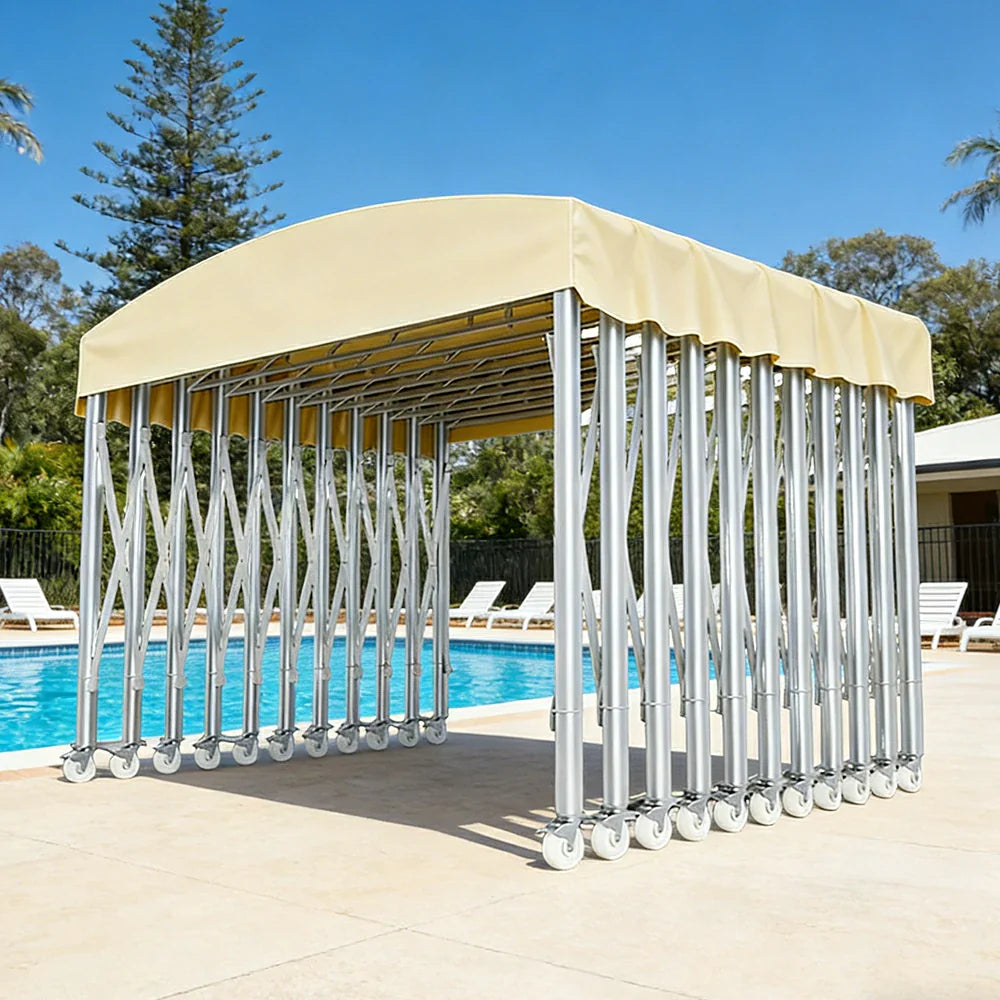 TREKKA Outdoor Retractable Canopy Tent - 5/7/8m Heavy-Duty Telescopic Frame Lockable Wheels Waterproof & UV-Resistant Fabric Space-Saving Design - Beige