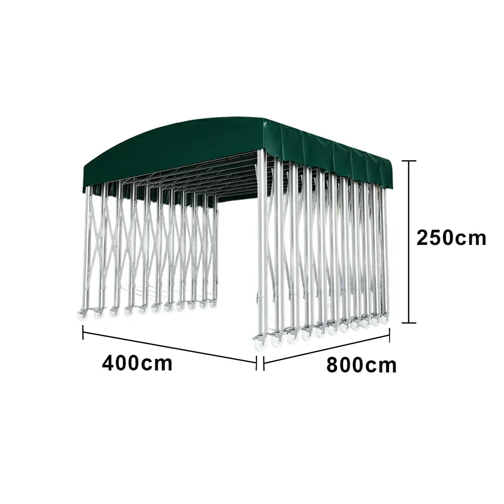 TREKKA Outdoor Retractable Canopy Tent - 5/7/8m Heavy-Duty Telescopic Frame Lockable Wheels Waterproof & UV-Resistant Fabric Space-Saving Design - Dark Green