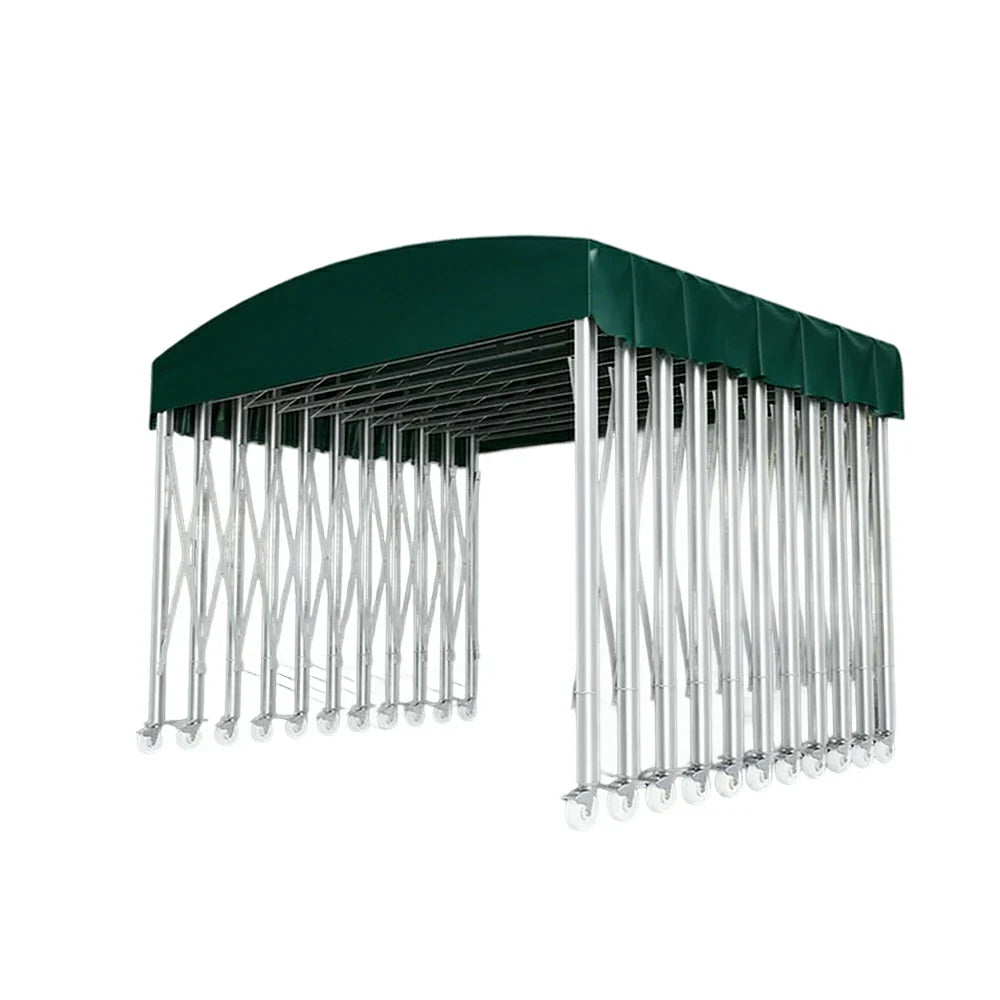 TREKKA Outdoor Retractable Canopy Tent - 5/7/8m Heavy-Duty Telescopic Frame Lockable Wheels Waterproof & UV-Resistant Fabric Space-Saving Design - Dark Green