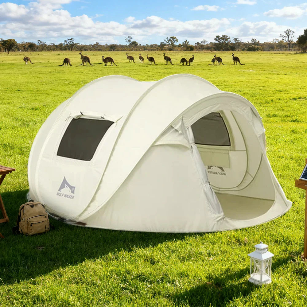 TREKKA Auto-Open Camping Tent with Front Awning Poles - Instant Assembly, Oxford Fabric, Well-Ventilated 4-6 Person Shelter - Cream