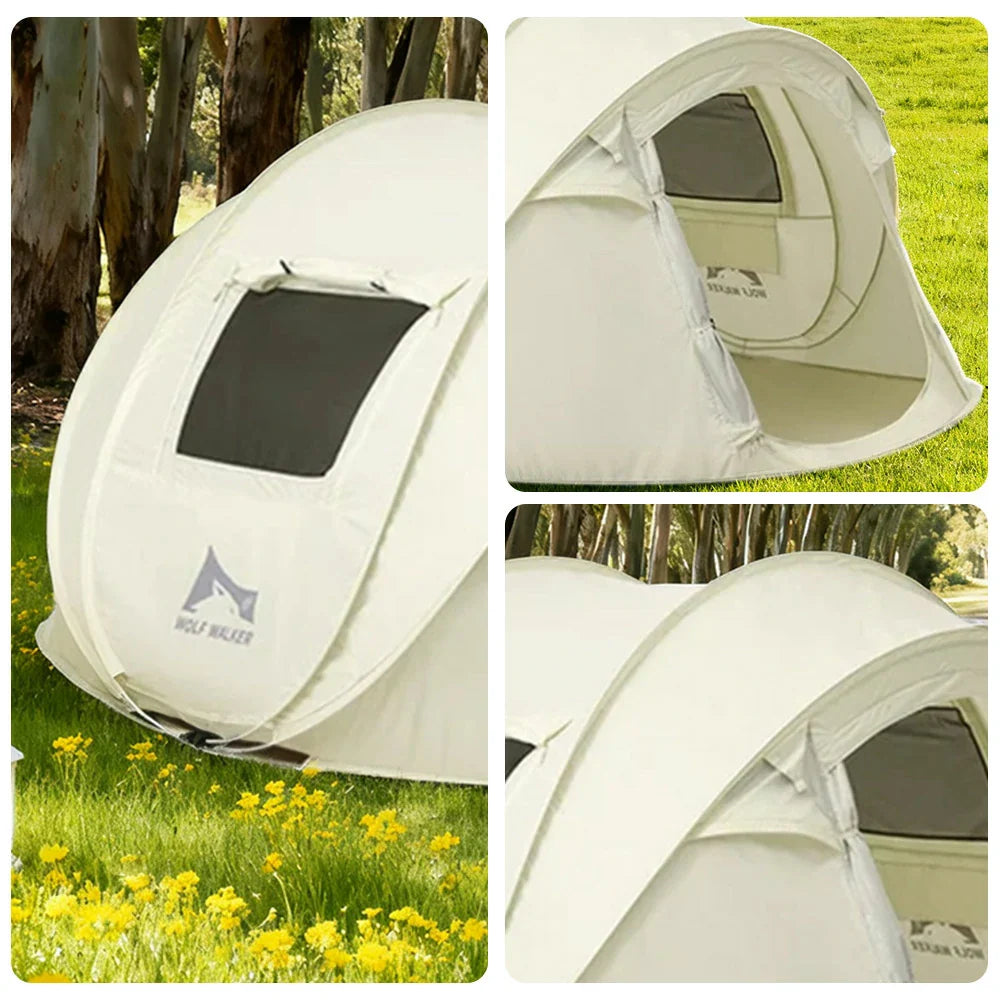 TREKKA Auto-Open Camping Tent with Front Awning Poles - Instant Assembly, Oxford Fabric, Well-Ventilated 4-6 Person Shelter - Cream