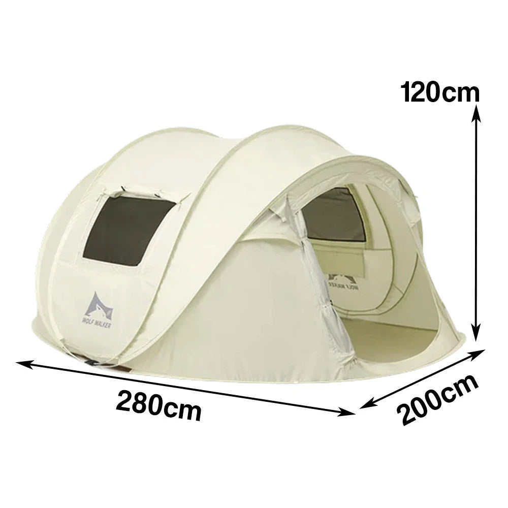 TREKKA Auto-Open Camping Tent with Front Awning Poles - Instant Assembly, Oxford Fabric, Well-Ventilated 4-6 Person Shelter - Cream