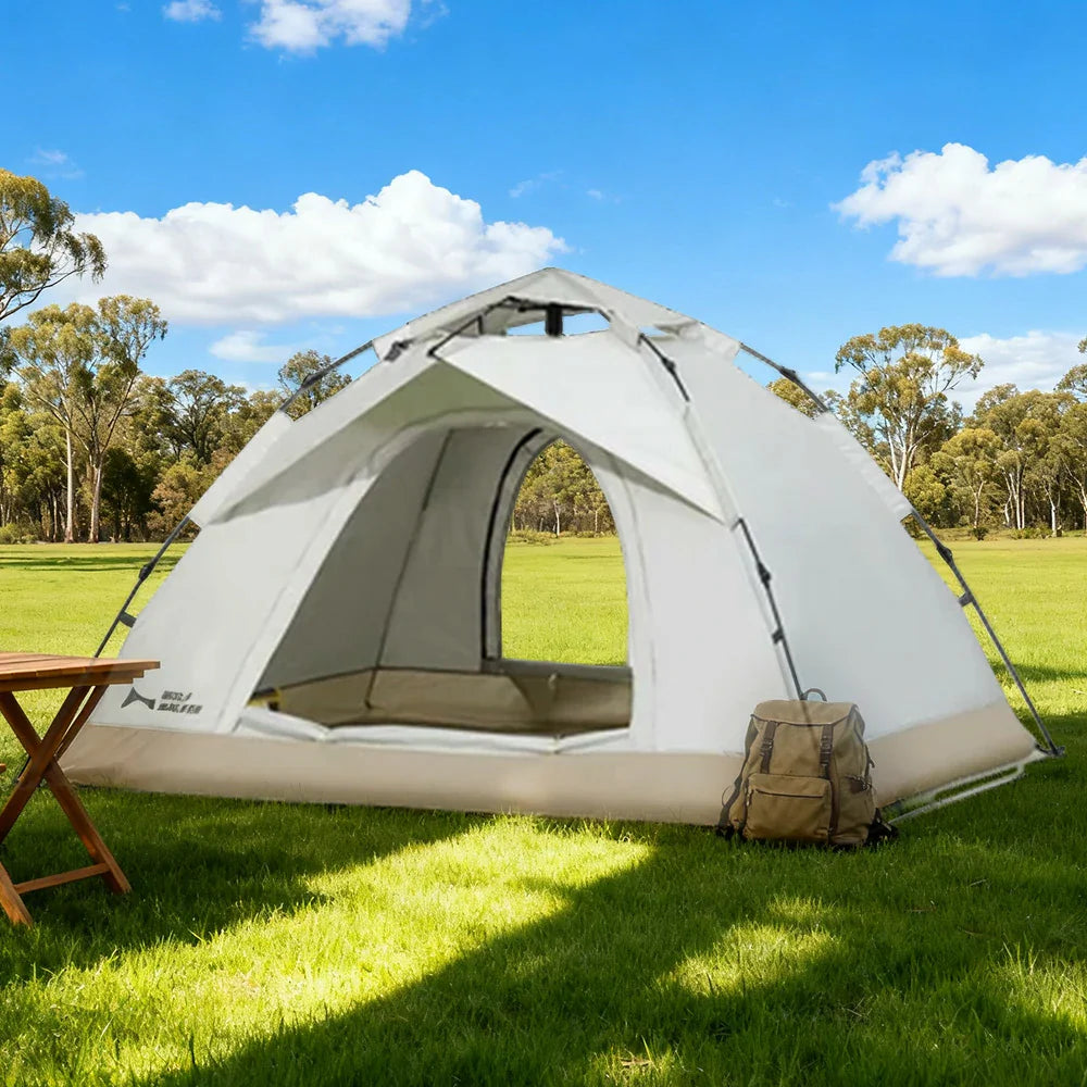 TREKKA Auto-Open Camping Tent UPF50+ - Silver-Coated UV Protection, Dual Door Design, Lightweight 2-3 Person Shelter - Off White