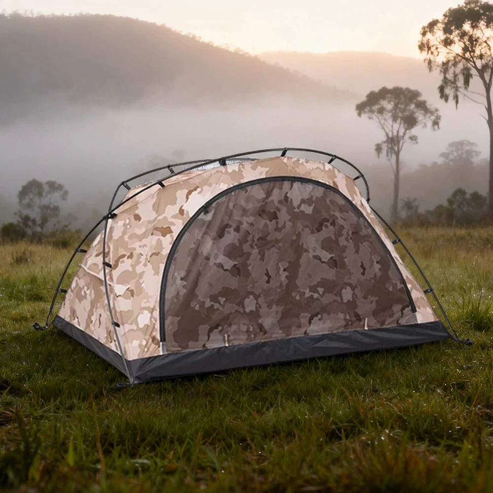 TREKKA Kangaroo-Style Camping Tent - Large Front Vestibule, Windproof & Waterproof, Stable Freestanding 2-Person Shelter - Yellow Camo