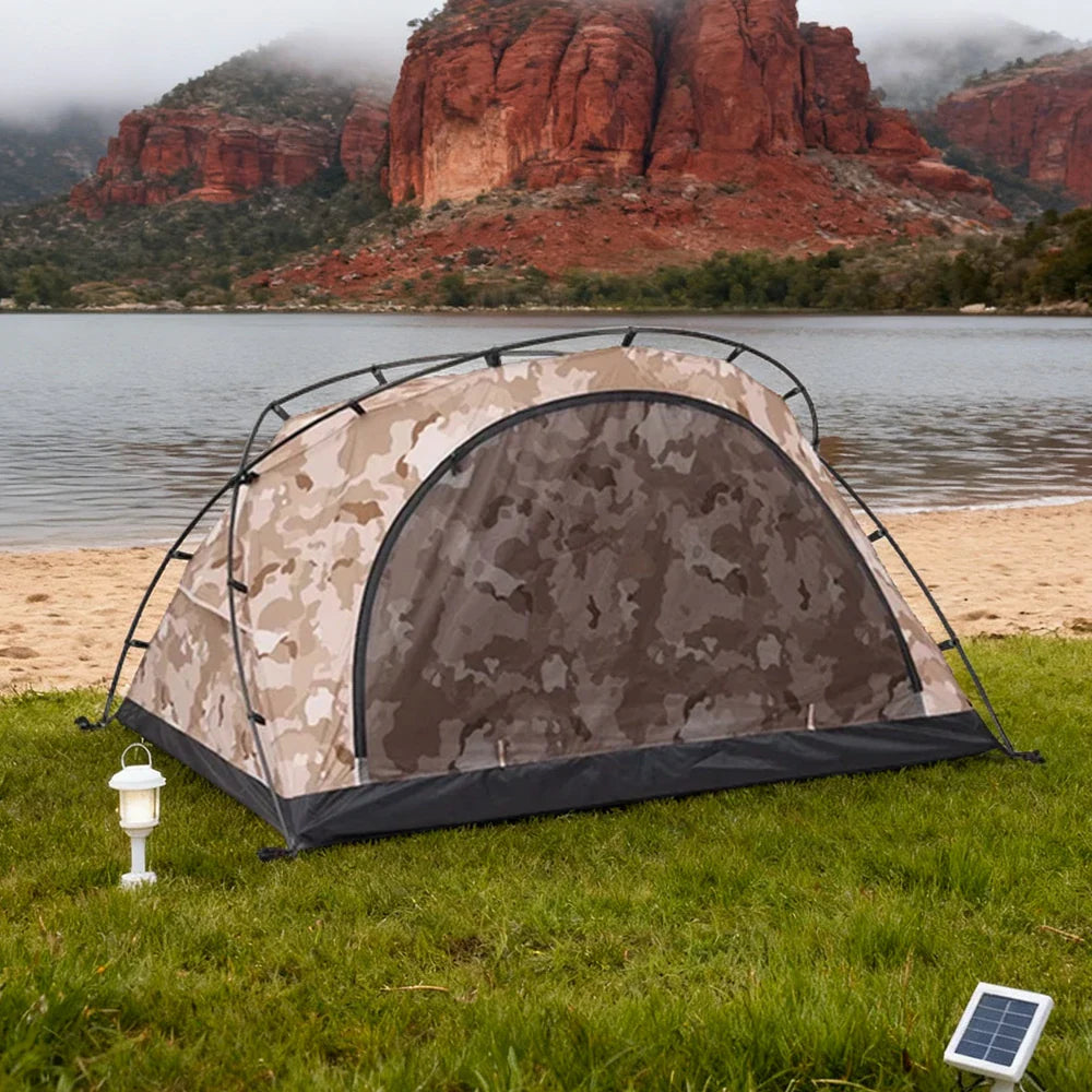 TREKKA Kangaroo-Style Camping Tent - Large Front Vestibule, Windproof & Waterproof, Stable Freestanding 2-Person Shelter - Yellow Camo