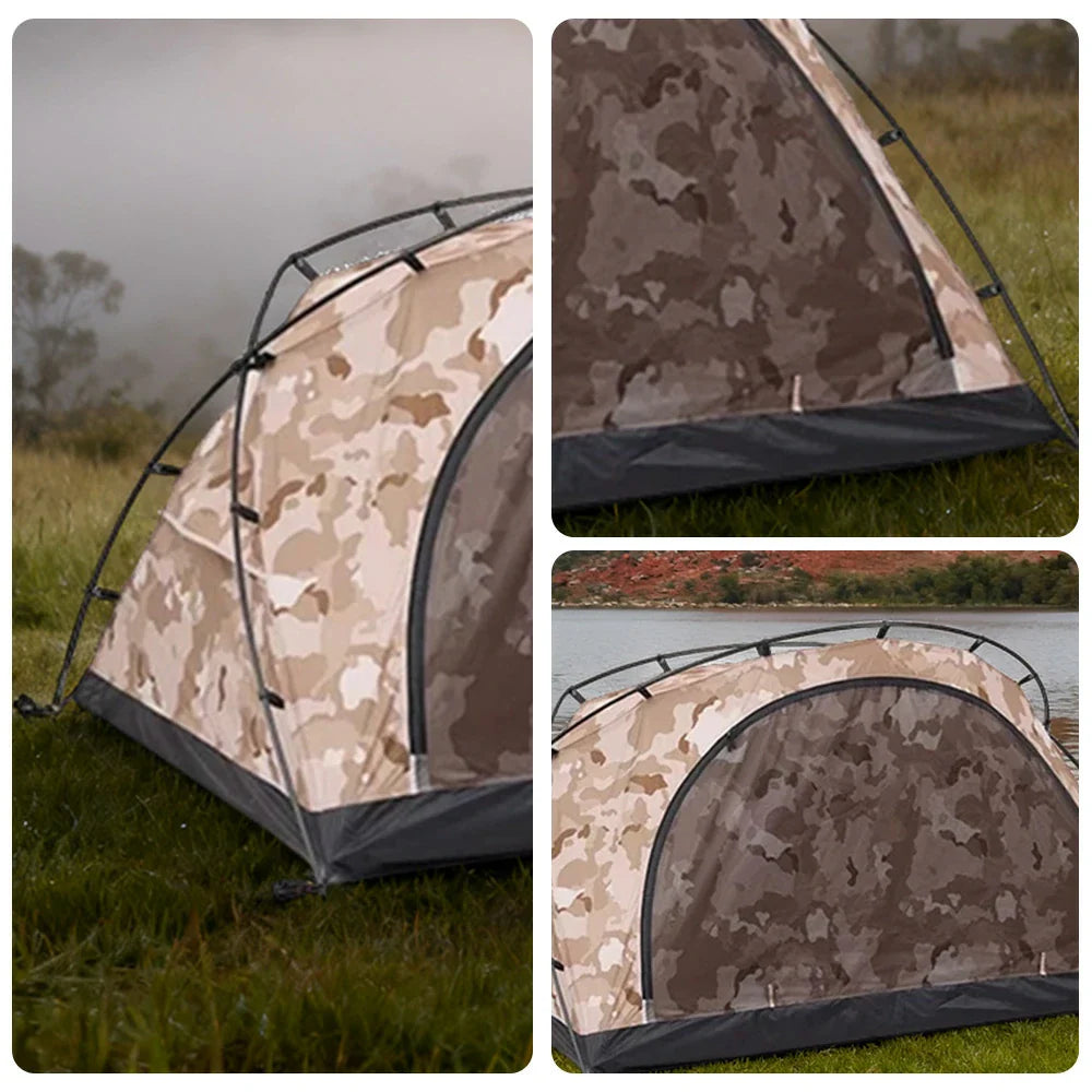 TREKKA Kangaroo-Style Camping Tent - Large Front Vestibule, Windproof & Waterproof, Stable Freestanding 2-Person Shelter - Yellow Camo