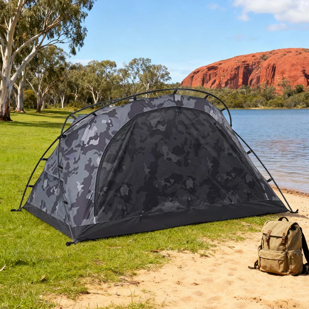 TREKKA Kangaroo-Style Camping Tent - Large Front Vestibule, Windproof & Waterproof, Stable Freestanding 2-Person Shelter - Grey Camo