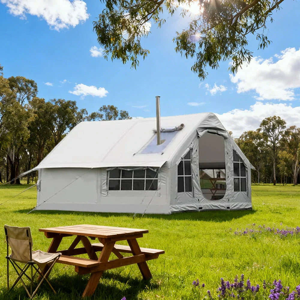TREKKA 10 Square Meter Integrated Inflatable Camping Tent with Stove Jack & Air Pump - Waterproof, Spacious All-Season Shelter Wind-Resistant  - Grey