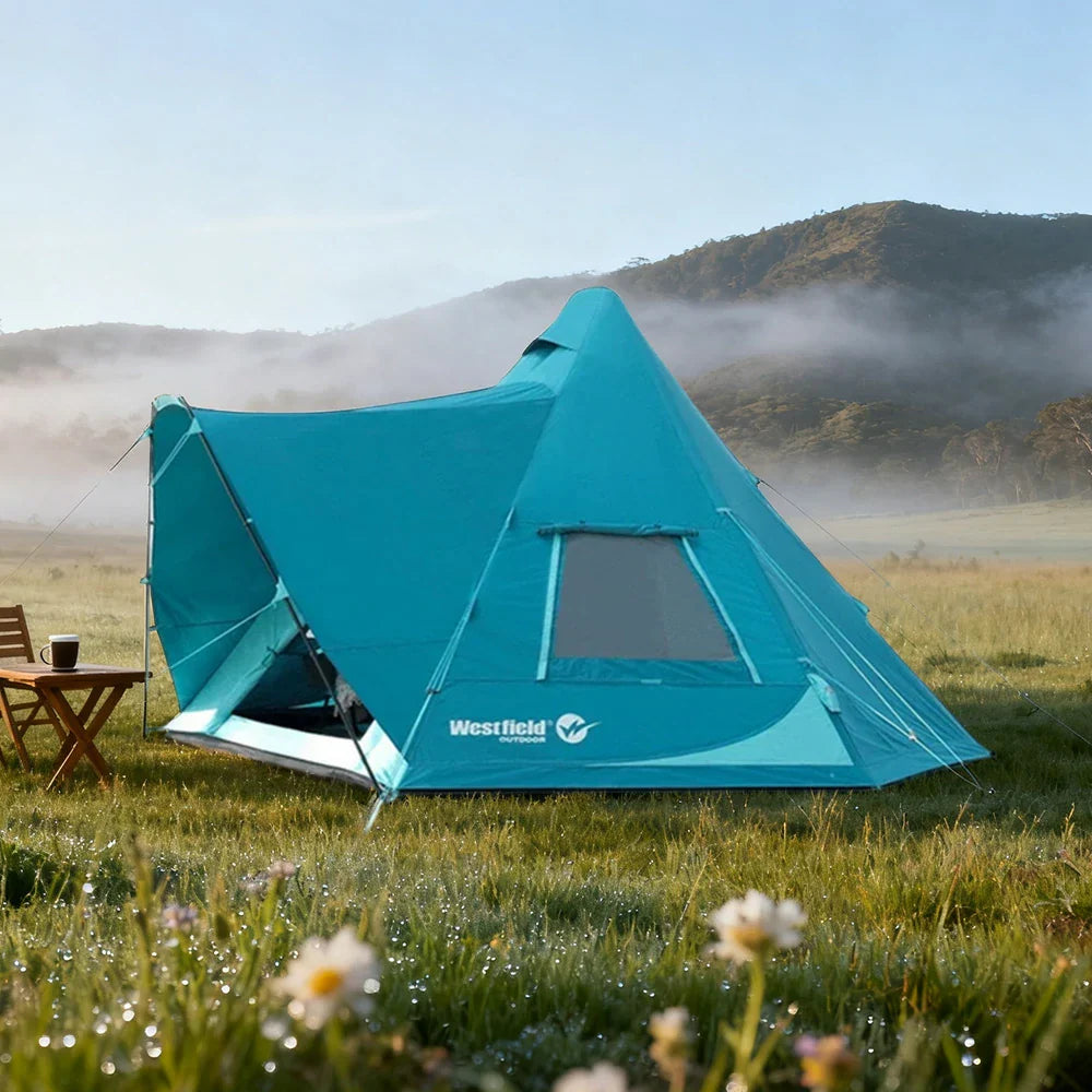 TREKKA 20 Square Meter Inflatable Cotton-Touch Tent Waterproof, Spacious 4-8 Person Shelter - Blue