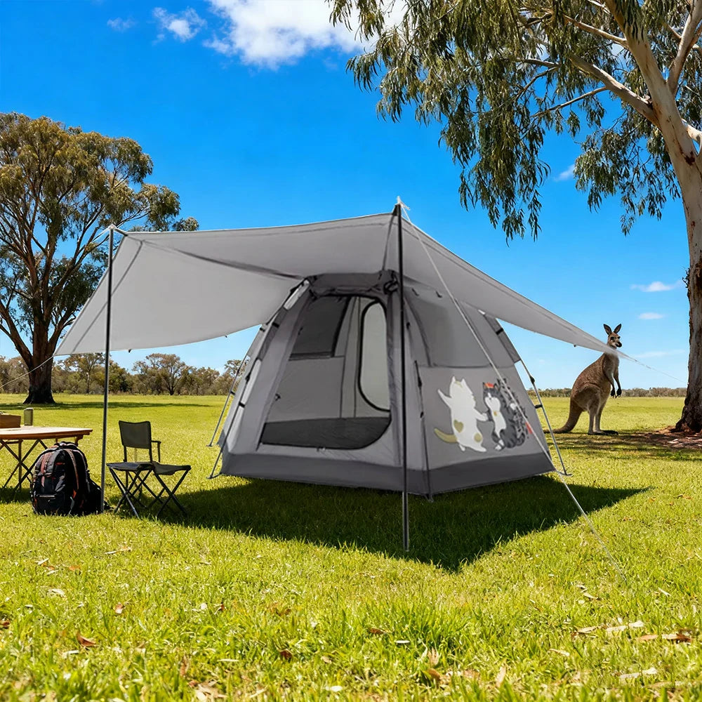 TREKKA Auto-Open Camping Tent with Extended Front Canopy - Quick Setup, Fiberglass Frame, Spacious 4-6 Person Shelter - Elephant Grey