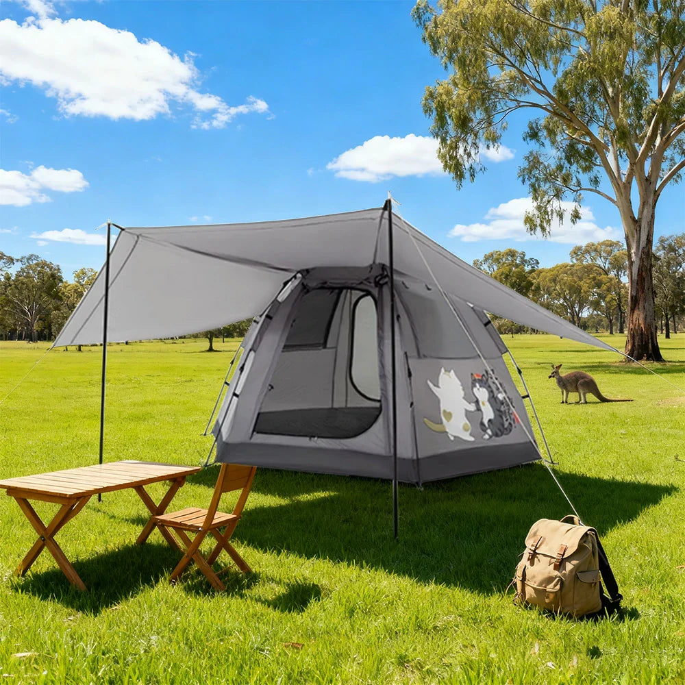 TREKKA Auto-Open Camping Tent with Extended Front Canopy - Quick Setup, Fiberglass Frame, Spacious 4-6 Person Shelter - Elephant Grey