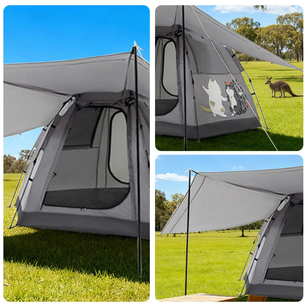 TREKKA Auto-Open Camping Tent with Extended Front Canopy - Quick Setup, Fiberglass Frame, Spacious 4-6 Person Shelter - Elephant Grey
