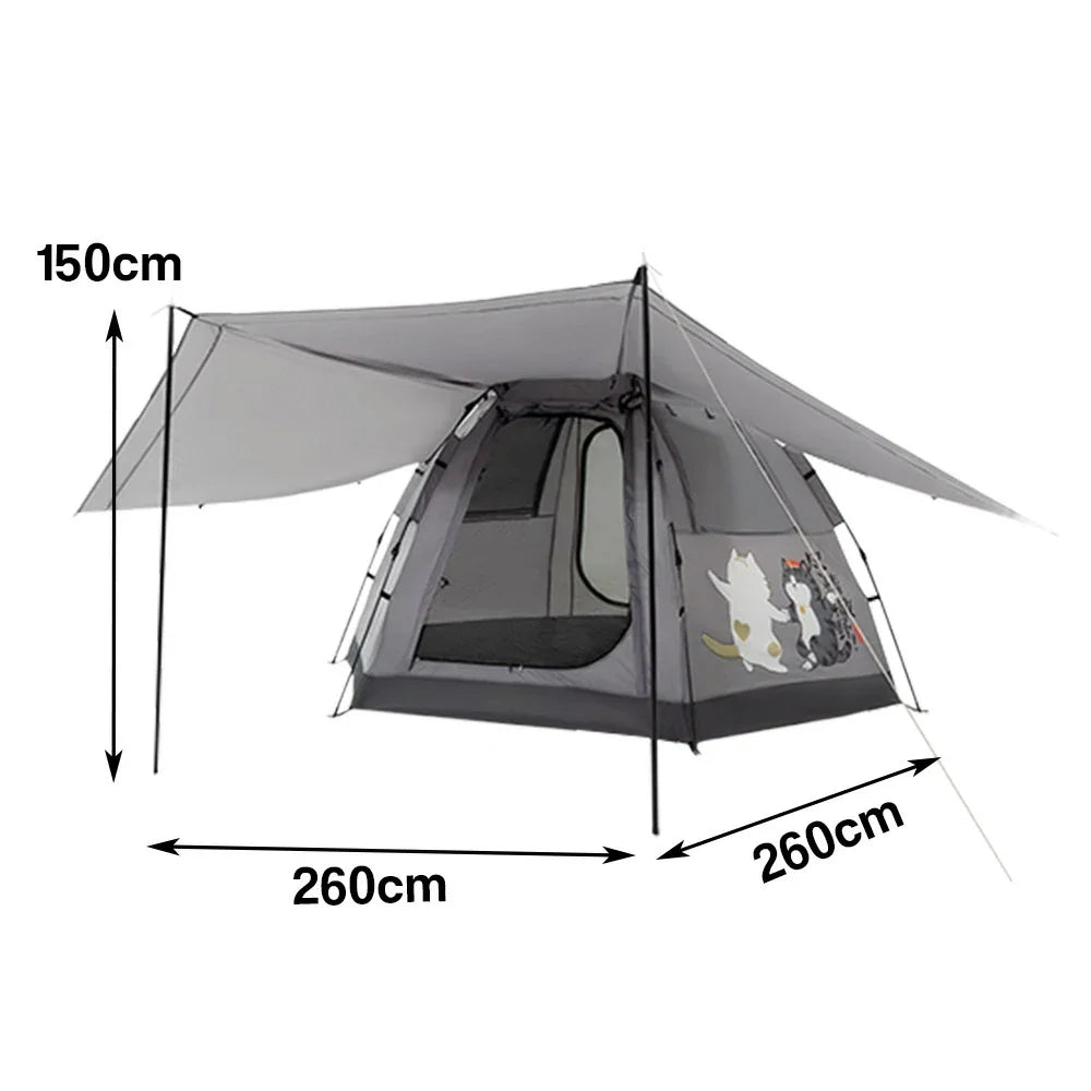 TREKKA Auto-Open Camping Tent with Extended Front Canopy - Quick Setup, Fiberglass Frame, Spacious 4-6 Person Shelter - Elephant Grey