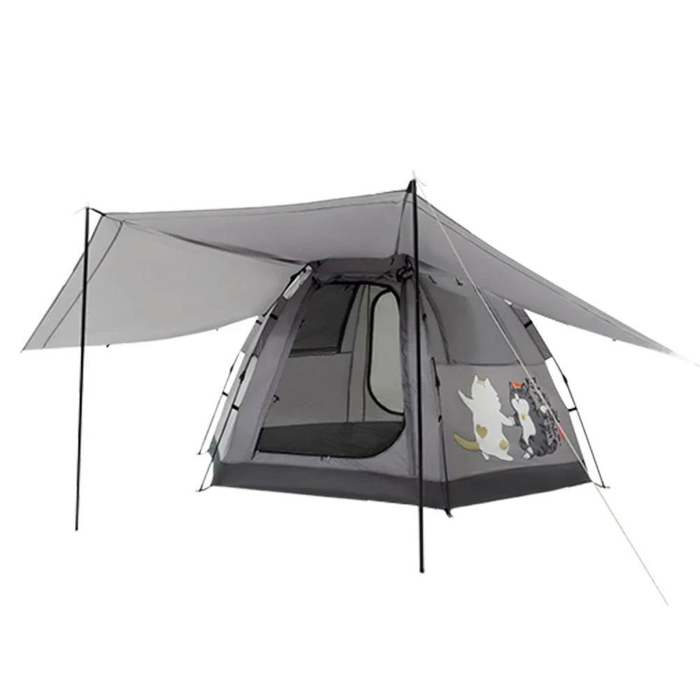 TREKKA Auto-Open Camping Tent with Extended Front Canopy - Quick Setup, Fiberglass Frame, Spacious 4-6 Person Shelter - Elephant Grey