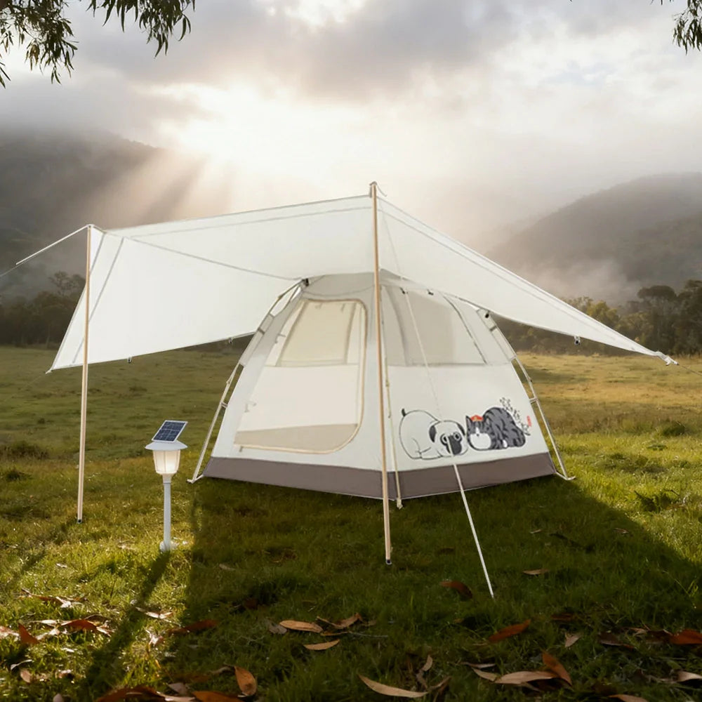 TREKKA Auto-Open Camping Tent with Extended Front Canopy - Quick Setup, Fiberglass Frame, Spacious 4-6 Person Shelter - Beige