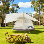 TREKKA Auto-Open Camping Tent with Extended Front Canopy - Quick Setup, Fiberglass Frame, Spacious 4-6 Person Shelter - Beige