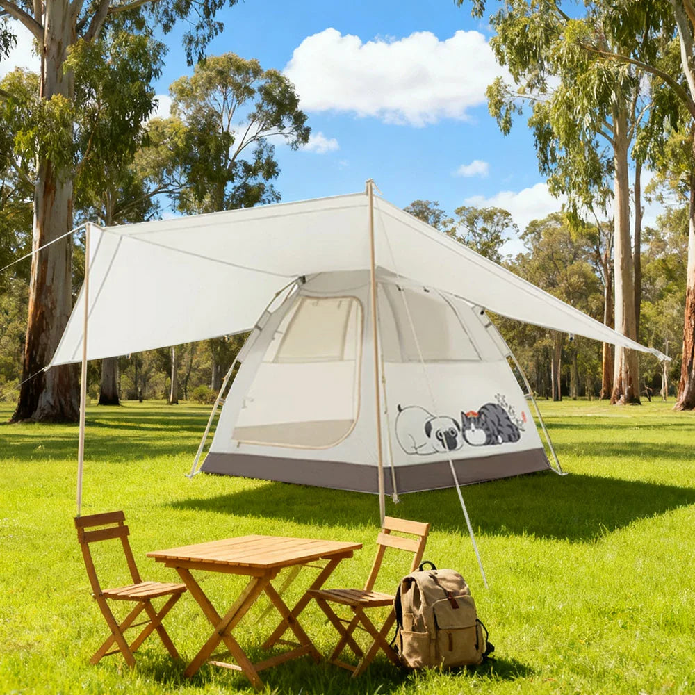 TREKKA Auto-Open Camping Tent with Extended Front Canopy - Quick Setup, Fiberglass Frame, Spacious 4-6 Person Shelter - Beige