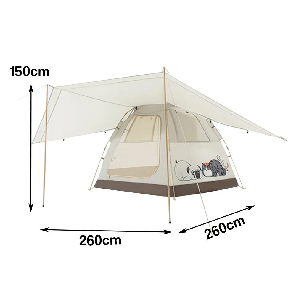 TREKKA Auto-Open Camping Tent with Extended Front Canopy - Quick Setup, Fiberglass Frame, Spacious 4-6 Person Shelter - Beige