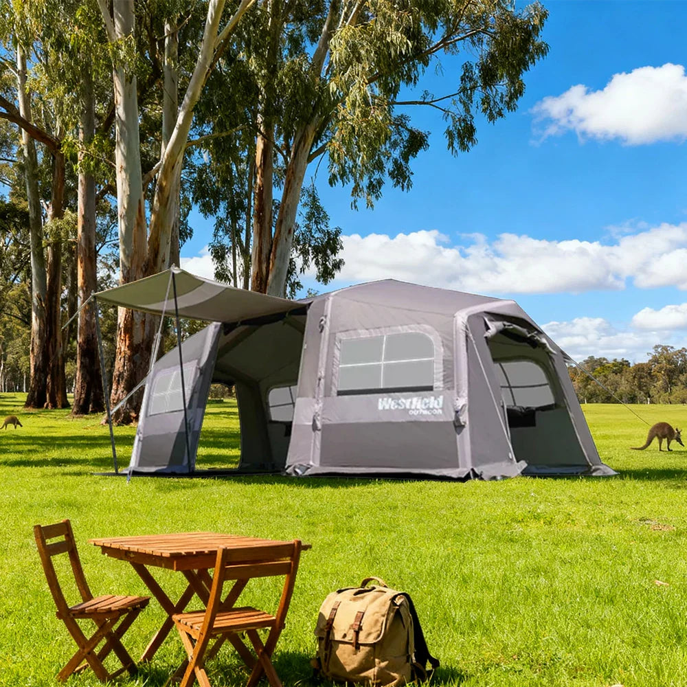 TREKKA Inflatable Tunnel Camping Tent with 21 Sq.m Extra-Large Space & Stove Jack - Rapid Setup, Ideal for Family & Winter Camping - Grey