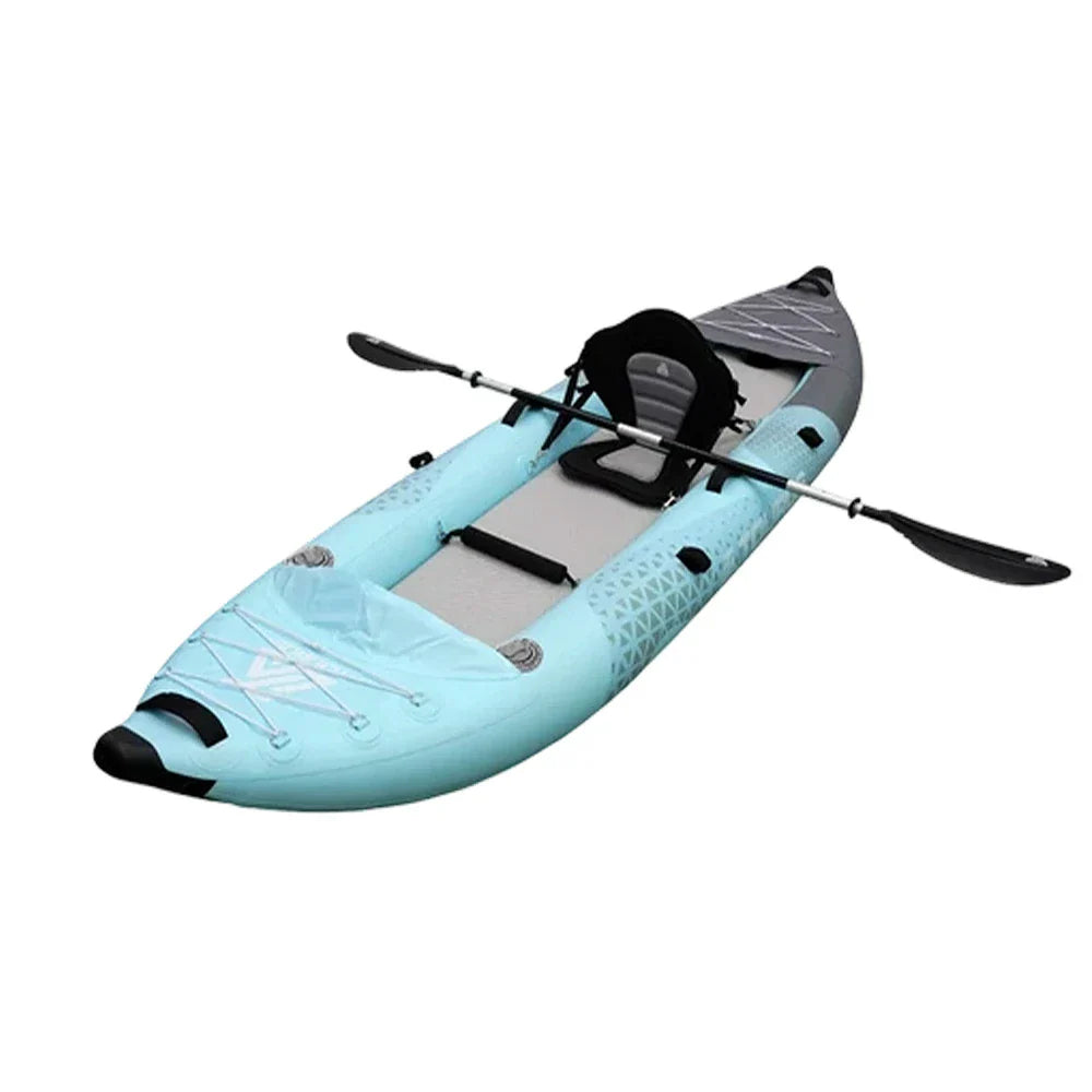 TREKKA 328/388/420cm Inflatable Kayak Elastic Seat Durable PVC High-Pressure Valve, Quick-Release Fins, Ideal for Sea & Lake Fishing - Blue