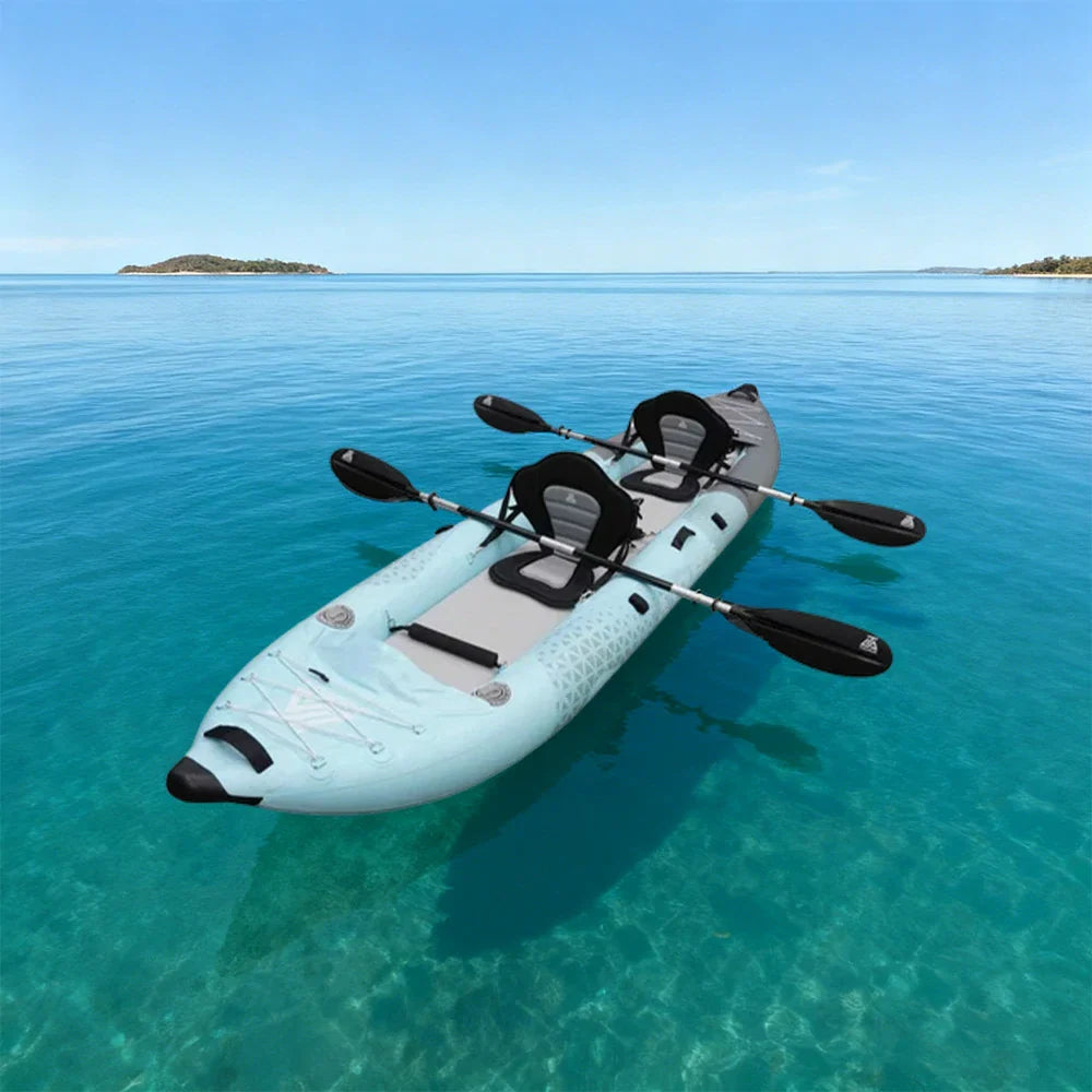 TREKKA 328/388/420cm Inflatable Kayak Elastic Seat Durable PVC High-Pressure Valve, Quick-Release Fins, Ideal for Sea & Lake Fishing - Blue